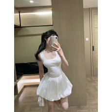 批发实价~夏日新款芭蕾风修身挂脖V领收腰露背蛋糕蓬蓬连衣短裙女