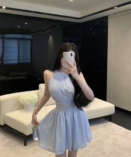 실사 사랑 여름 박하 무거운 작업 쉬폰 행침 목 여성 드레스 여름 섹시함 홀로우 아웃 이슬 허리 허리 수축 치마
