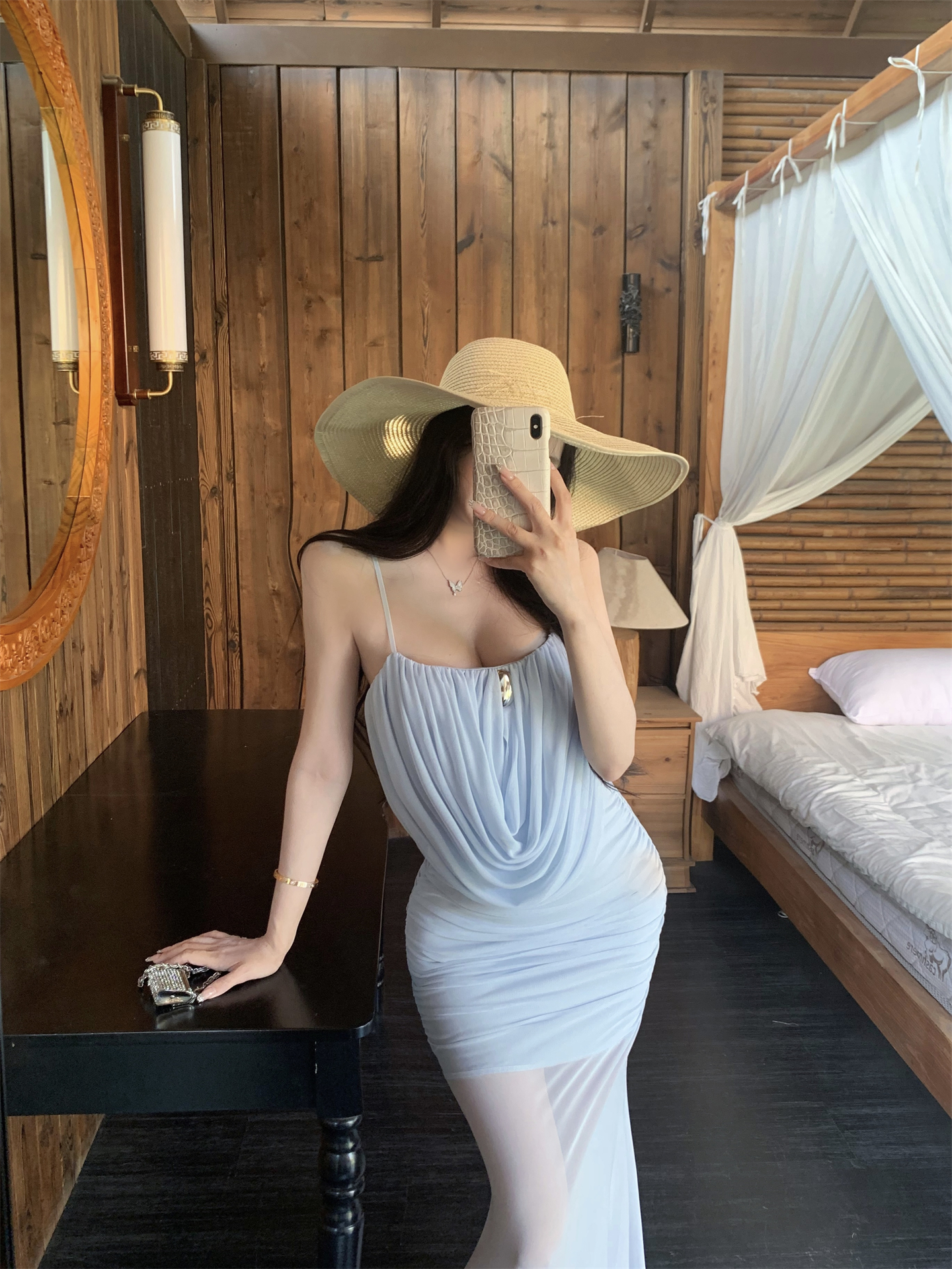실사 인어 뮤즈 도루 가을 센스 둘 착용 흔들다 칼라 허리 수축 좋은 어깨끈 망사 슬립 롱 스커트 여성 드레스