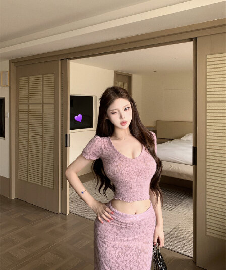 실사 화이트 티 레이스 순수한 욕망 바람 V넥 레이스 티셔츠 맨위 여성 인어 꼬리 타이트 스커트 반 스커트 세트
