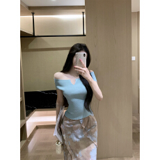 批发实拍～纯欲风套装 一字肩纯色<b class='q'>针织衫</b>女夏季印花开叉半身裙两件套