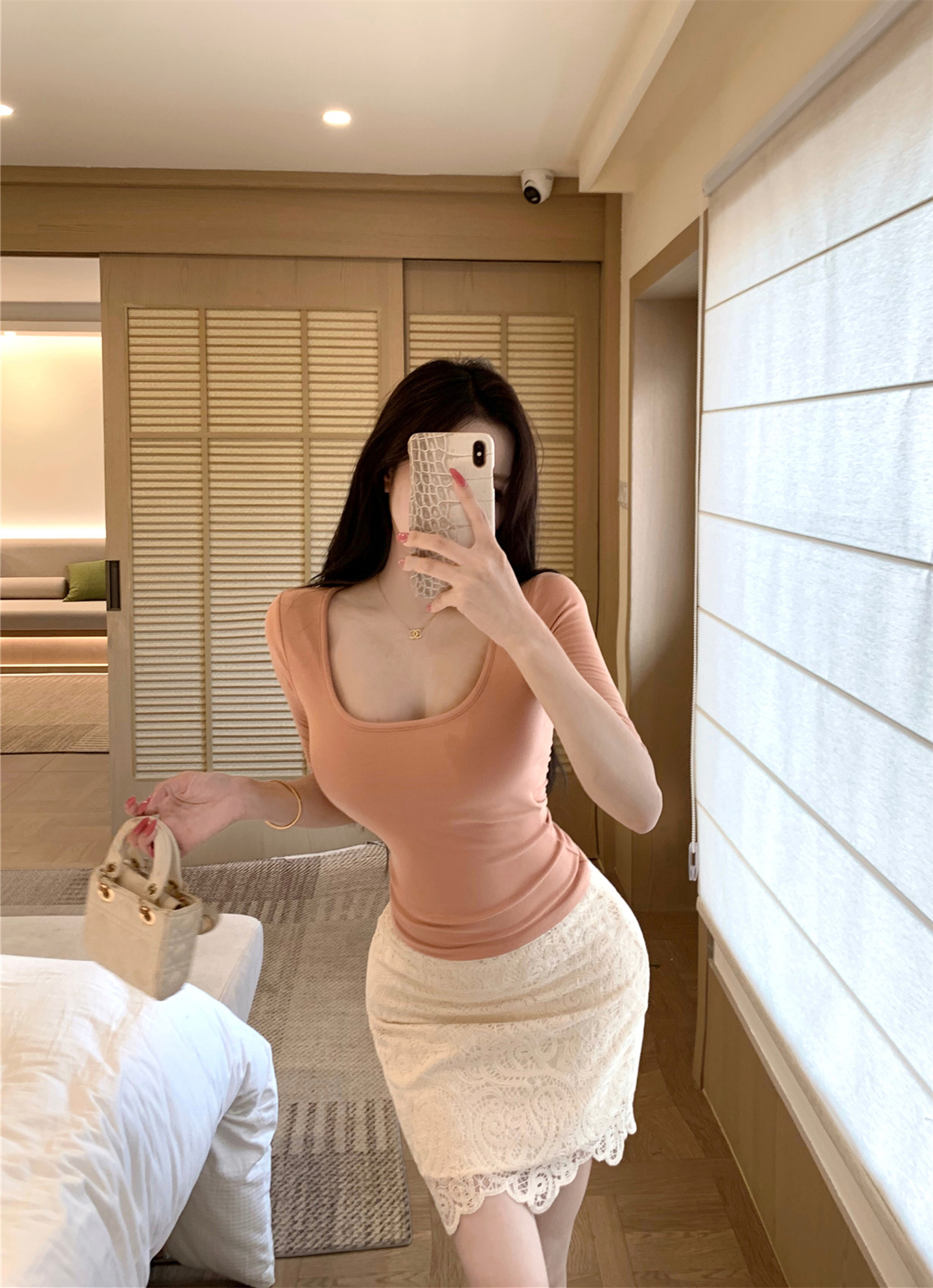 실사 프랑스식 몸매 가꾸기 슬림해 보이는 u 칼라 순수한 욕망 핫걸 아름다운 티셔츠 맨위 여성 레이스 반신 스커트 투피스 세트