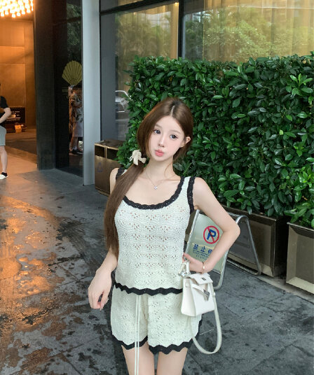 실사 사랑 여름 story 자수 배색 니트 u 칼라 조끼 슬립 반바지 롱 스커트 세 조각 여성 세트 여름