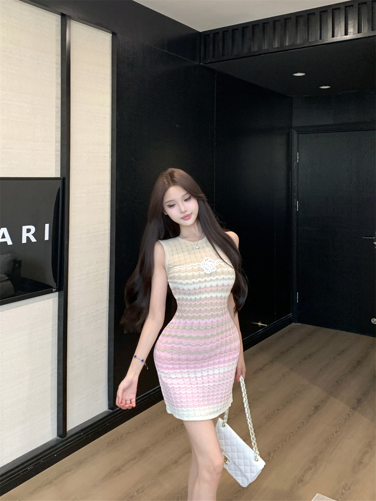 실사 동백 나무 민소매 조끼 여성 드레스 여름 새로운 니트 반팔 치마 품격 짧은 롱 코트 치마