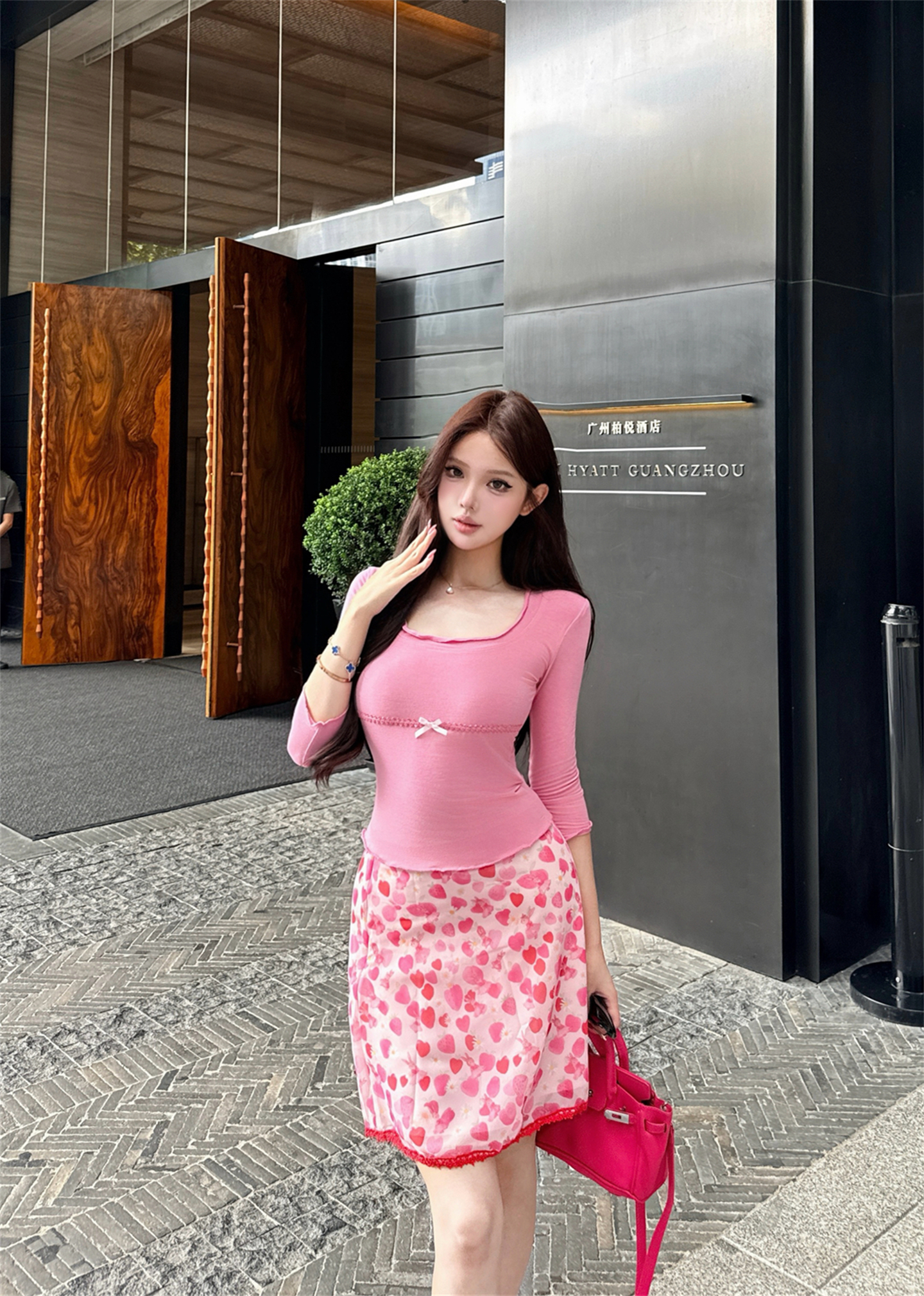 실사 딸기 소녀 흔들다 칼라 중간 소매 얇은 스타일 티셔츠 맨위 여성 하이웨이스트 꽃무늬 장미 빨간색 반신 스커트 투피스 세트