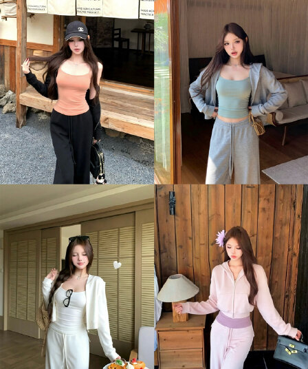 실사 이른 가을 모달 면 4 가지 색상 후드 티 스웨터 여성 가을 캐미솔 캐주얼 바지 만 가져 가라. 세트 그룹