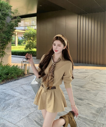 실사 이른 가을 폴로 칼라 허리 수축 셔츠 여성 드레스 새로운 한 부서 품격 미니 스커트 경기 스카프 벨트