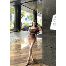 批发实拍～早秋 新款定制渐变网纱褶皱<b class='q'>连衣裙</b>女修身一字肩包臀短裙