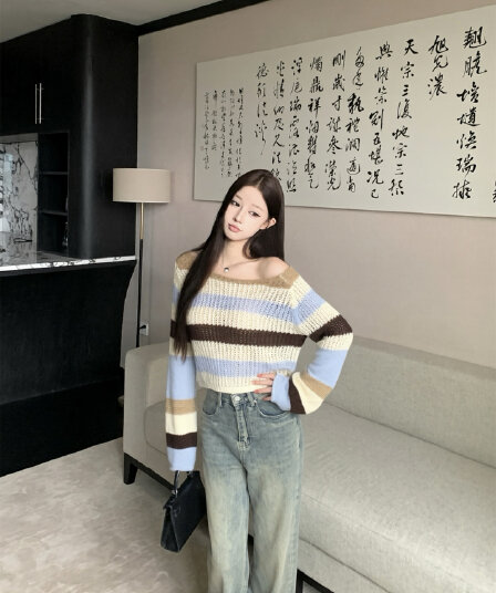 실사 이른 가을 레트로 도파민 패치워크 색상 스트라이프 부드러운 찹쌀 홀로우 아웃 니트 스웨터 느긋한 캐주얼 하이웨이스트 스웨터