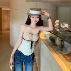 批发Riseaauu布蕾烤奶撞色鱼骨抹胸背心吊带女夏季辣妹显瘦上衣