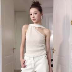 批发白色斜肩无袖单肩小吊带女夏巨好看的背心短款外穿不规则飘带上衣