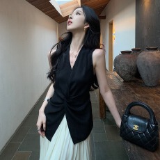 批发by onion v领纽结无袖背心衬衫女夏外穿高级修身显瘦亚麻小衫上衣