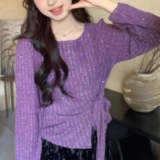 批发紫色泡泡袖<b class='q'>衬衫</b>女长袖不规则春秋季2025新款时尚洋气小衫显瘦上衣