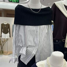 批发韩国东大门2025春季新款气质高级感条纹一字肩长袖露肩性感<b class='q'>衬衫</b>女