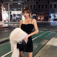 批发亮片闪闪吊带<b class='q'>连衣裙</b>女冬纯欲辣妹性感<b class='q'>露背</b>包臀裙挂脖打底内搭裙子