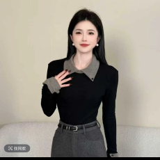 批发漫步巴黎设计感翻领<b class='q'>拼接</b>长袖T恤女秋冬加绒加厚打底衫上衣+裤子