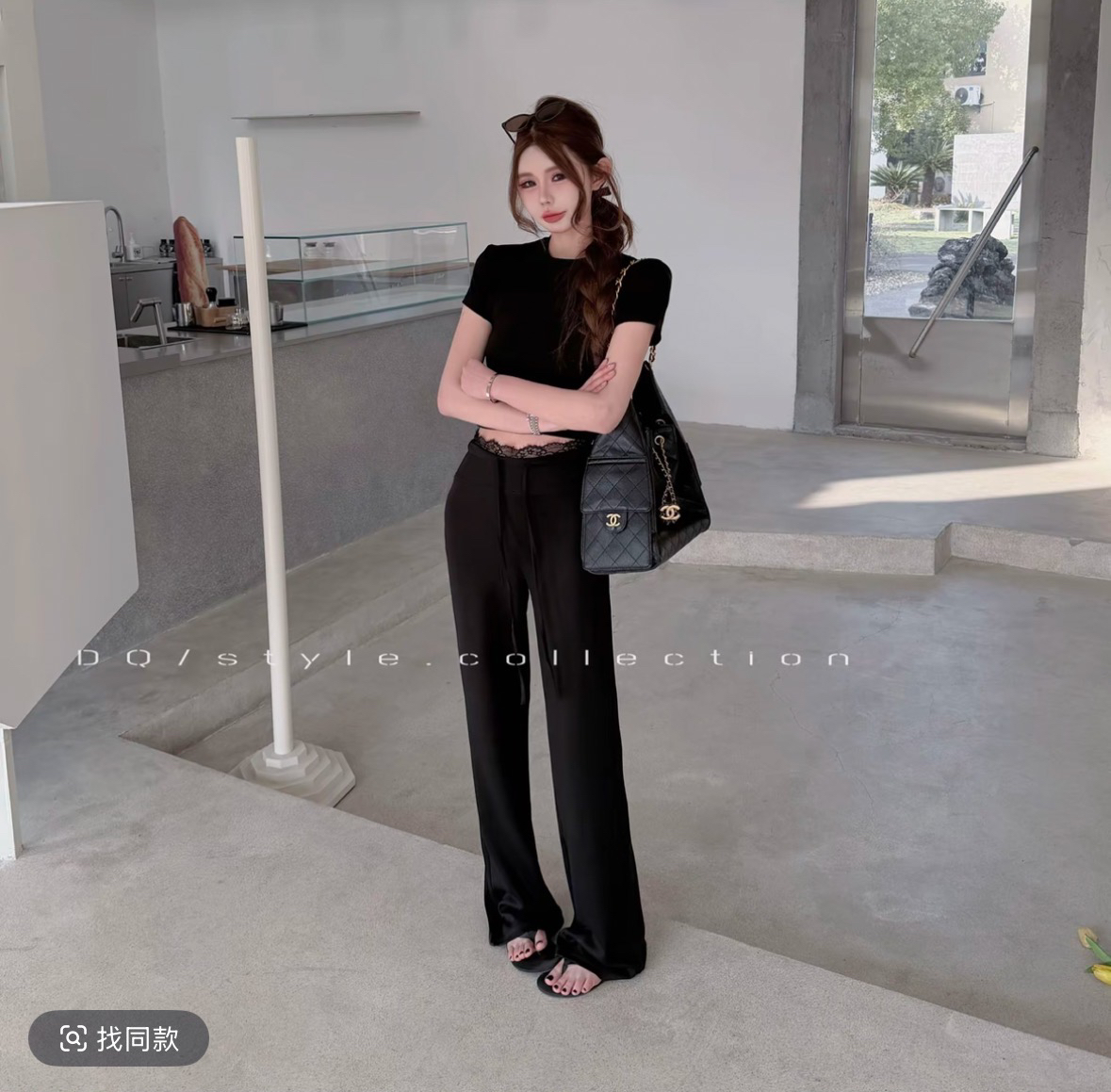 모델링 다리 허리 위로 패치워크 레이스 가면 바지