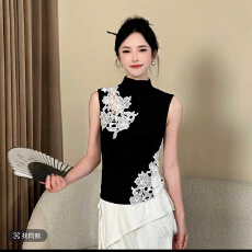 批发【荷塘月色】莱赛尔新中式<b class='q'>拼接</b>无袖T恤女新款百搭打底衫上衣+裤子