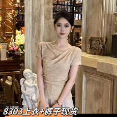 批发【清晨薄雾】亚麻不规则荡领<b class='q'>T</b><b class='q'>恤</b>打底衫女薄款短袖上衣+<b class='q'>裤</b>子