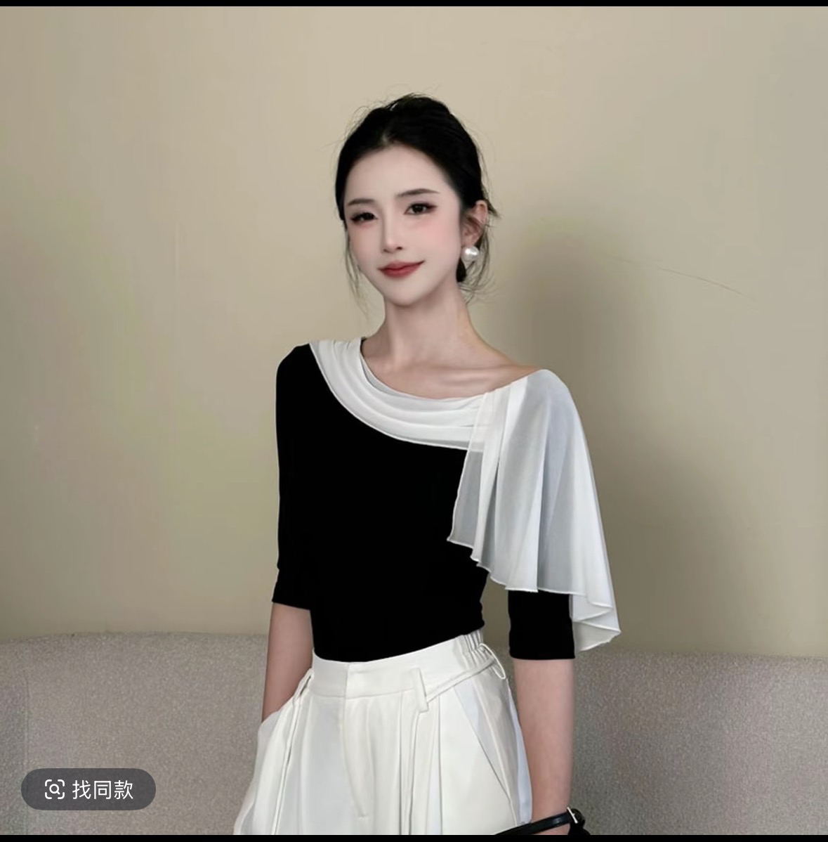달빛 어깨 선 라이 경기 서울 주간 실크 패치워크 색상 반팔 티셔츠 여성 2026 새로운 기본 셔츠 맨위