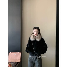 板栗可可'暖冬咩咩'黑色新色大毛领短款环葆羊羔毛保暖外套女