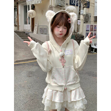批发喵喵来电 可爱耳朵猫爪连帽开衫卫衣外套+韩系卫衣蛋糕短裙