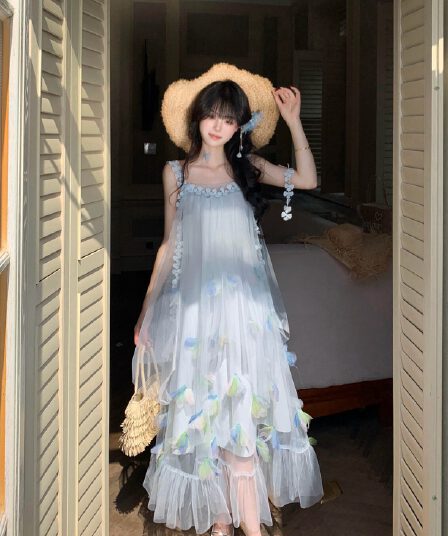 blovelan 흐름 색상 플라잉 플라워 요정 가스 센 부서 망사 못 꽃 오프숄더 휴가 바람 슬립 드레스 꽃 드레스