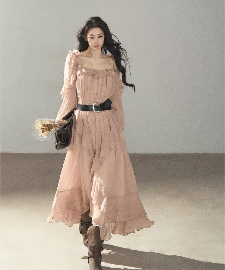 8 월 24 신제품 85 접기 aomalm 덜 또한 눈 기다려라. 하나 일몰 광선 프릴 여성 드레스 가을