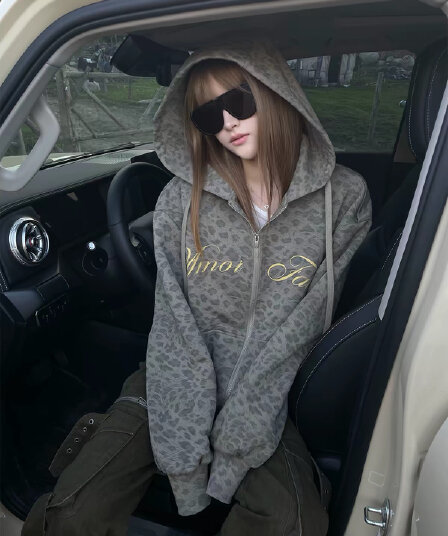 rase le sol 9 6 20 00 레트로 레오파드 무늬 후드 티 스웨터 재킷
