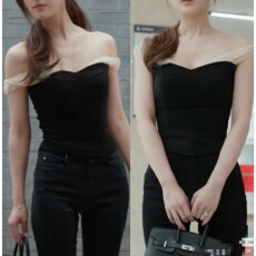 批发Hello熙熙 许我耀眼赵露思同款气质显瘦黑天鹅网纱拼接上衣