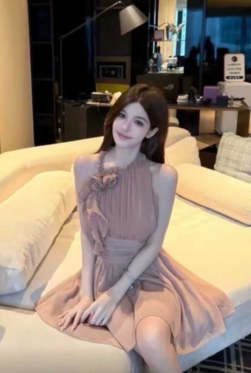 fay 건조한 장미 절묘한 우아함 달콤함 품격 외국 가스 꽃 장식 슬림해 보이는 콩 페이스트 핑크색 슬립 드레스