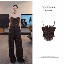 批发DENGDAHA法式名媛<b class='q'>蕾丝</b>带胸垫抹胸<b class='q'>女</b>鱼骨修身内搭+直筒阔腿休闲裤