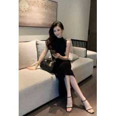 批发JIJINQI时尚法式无袖收腰显瘦复古设计师长款连衣裙