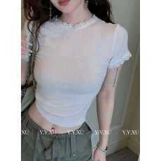 批发媛媛芭蕾学姐白色蕾丝边圆领<b class='q'>打底</b>衫t恤女春纯欲上衣+夏日甜茶裙裤