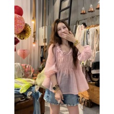 批发素拉同款定制韩系氛围感波点肌理<b class='q'>泡泡袖</b>娃娃衫防晒衬衣女