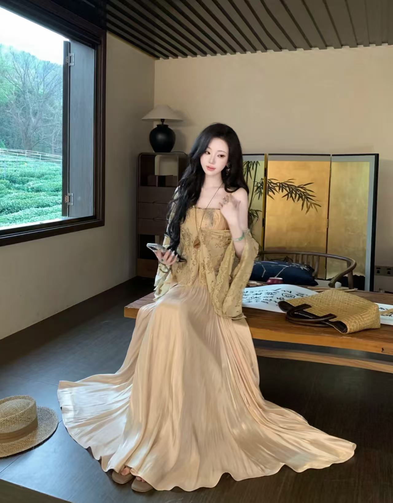 우아한 조 맞춤 란 루오 구름 파빌리온 수묵화 헤일로 염색 큰 진자 슬립 드레스 외부 피 꽃무늬 레이스 자외선 차단 오픈 가디건