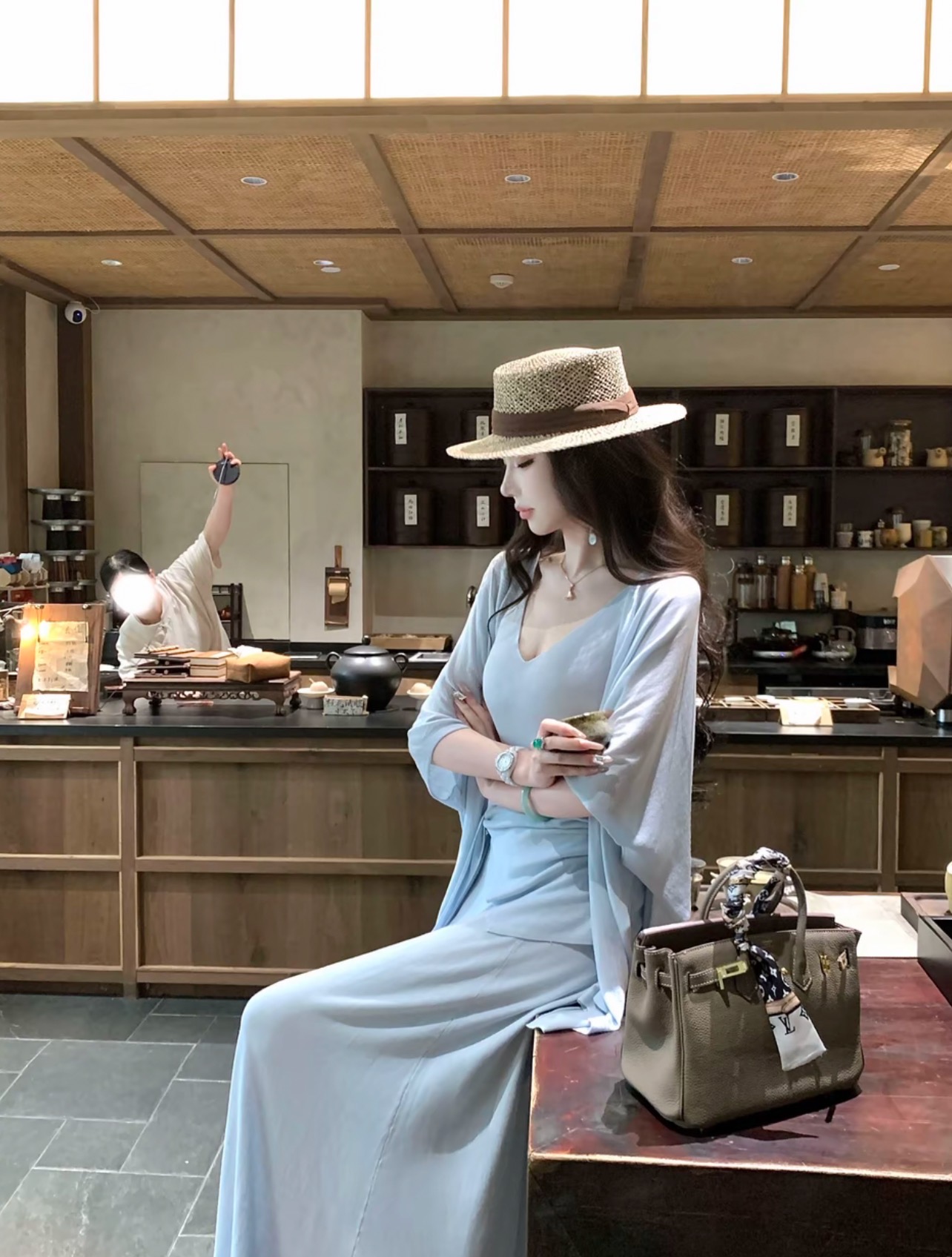 우아한 조 맞춤 블루스 순간 주간 실크 세트 여성 패션 게으른 착용 가져 가라. 3종 세트