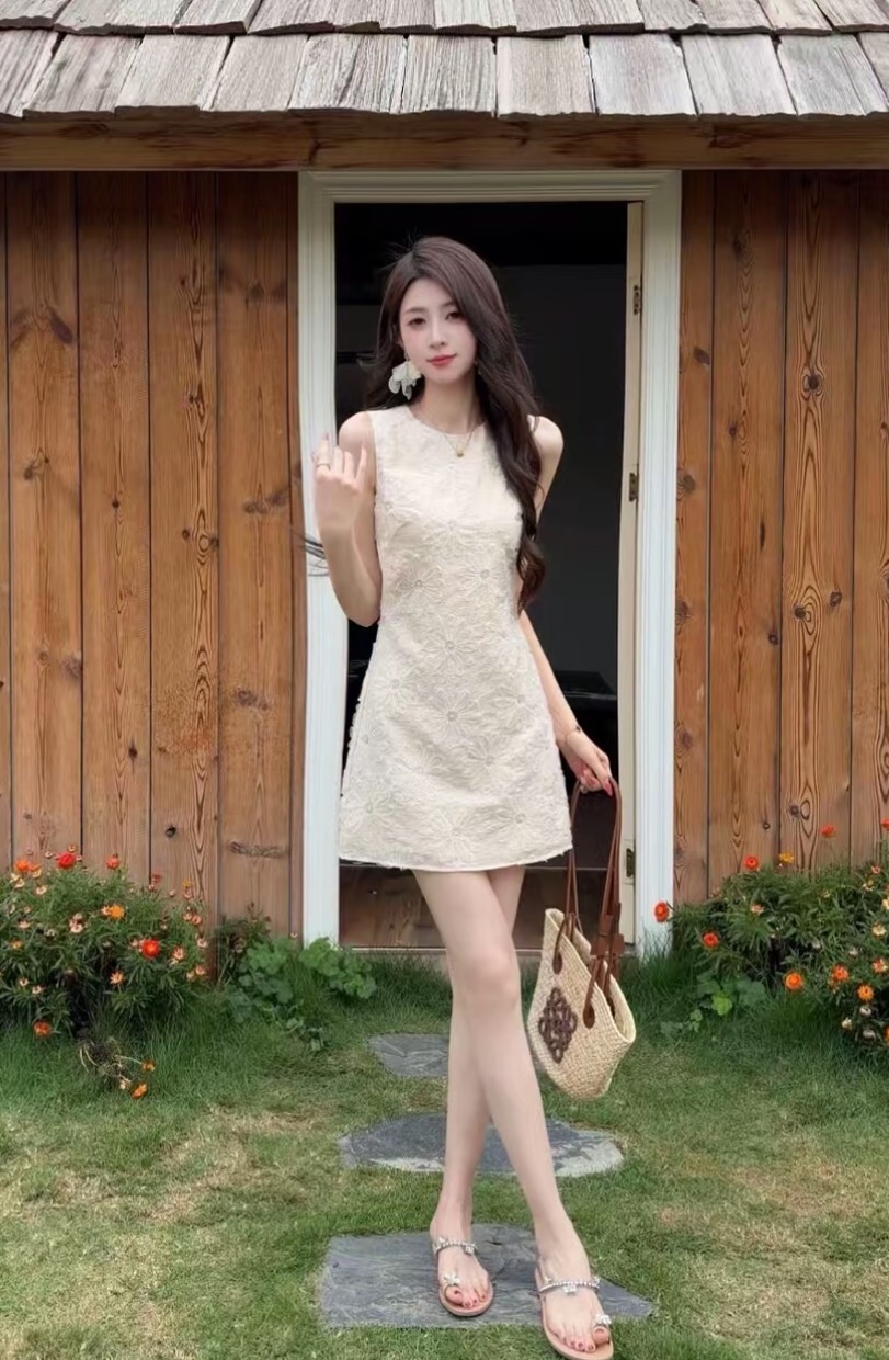yuanliansu 둥근 얼굴 파삭 파삭 한 안개 맑은 천 조기 우아함 중간 길이 스커트 품격 치마 민소매 레이스 드레스