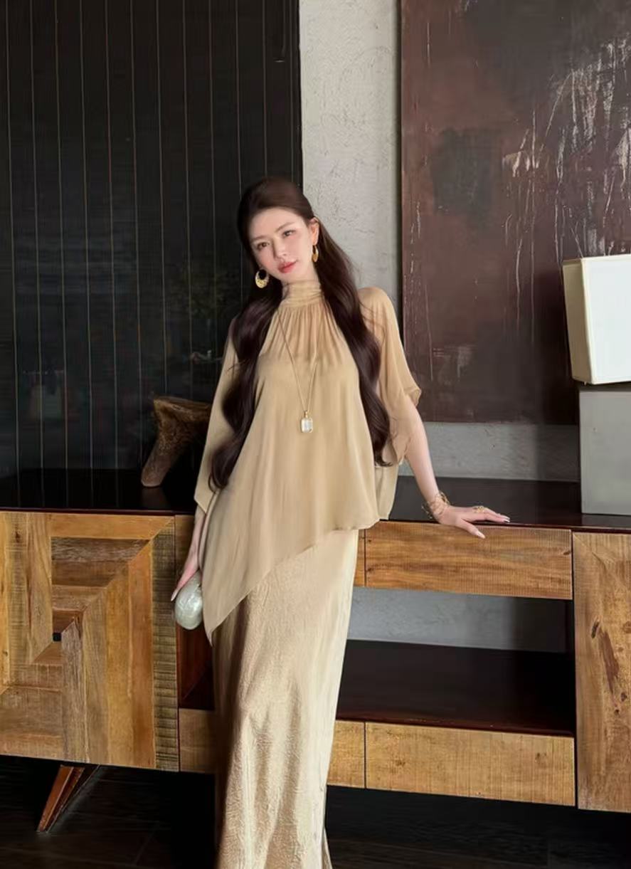 펭 급여 잉 거즈 황혼 프랑스식 우아함 구름 칼라 펌프 Pleat 네클라인 얇고 가벼운 블라우스 맨위