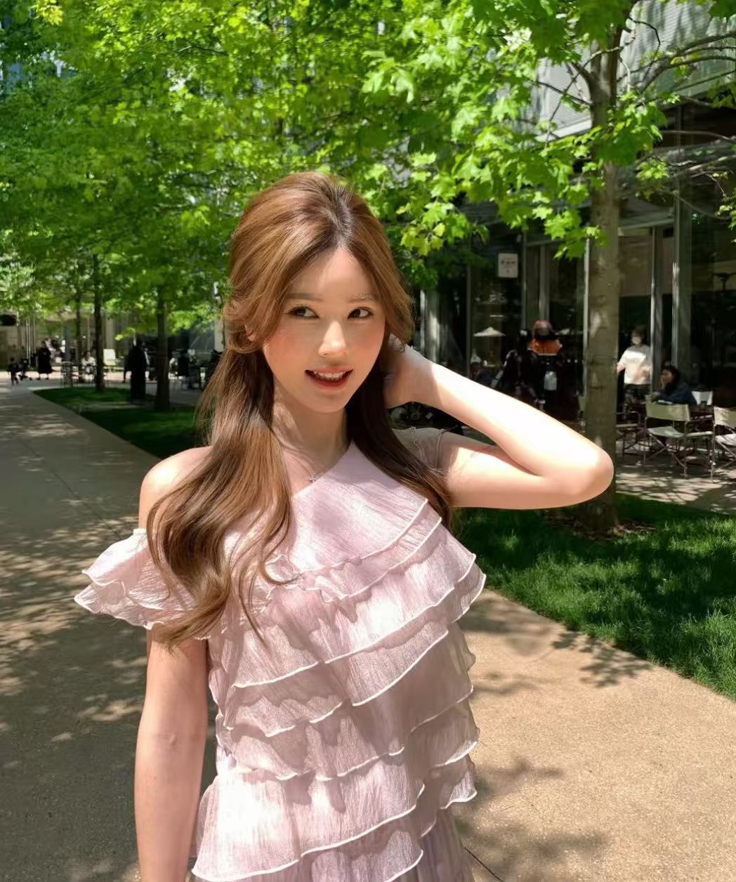 꽃 복숭아 소다 한 부서 층 스택 비대칭 오프숄더 3 차원 프릴 분위기 센스 작은 셔츠