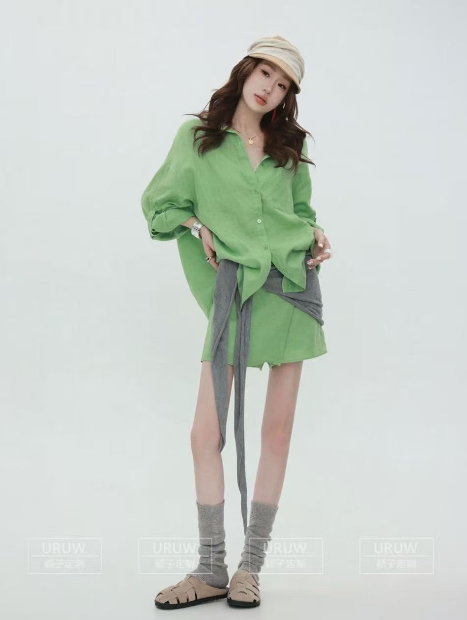 잉 어린이 맞춤 떠 다니는 그림자 일광 오래된 돈 바람 품격 7부 소매 셔츠 패션 다용도 하이웨이스트 반바지