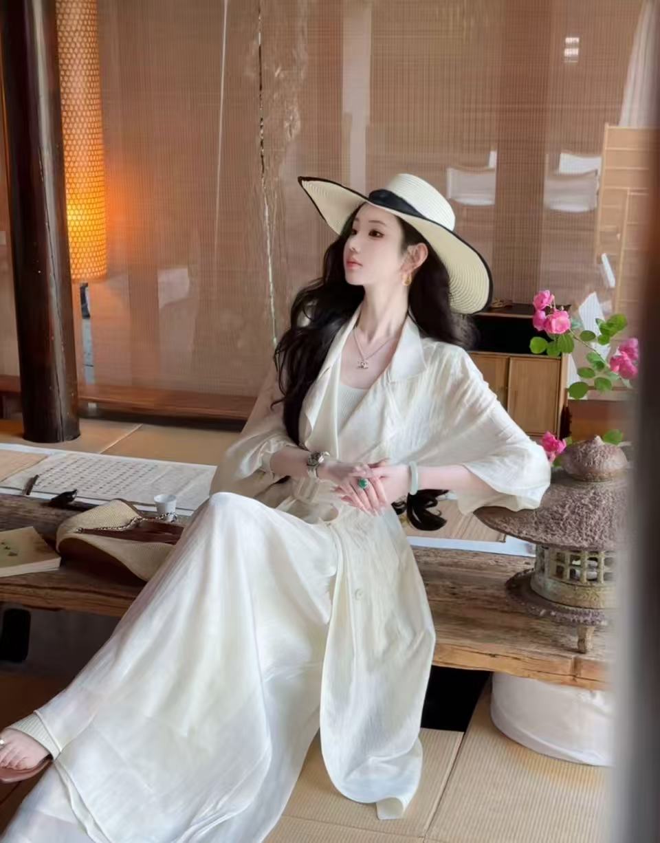 우아한 조 맞춤 나폴레옹 고급 아세트산 자외선 차단 바람막이 여성 코트 루즈핏 얇은 스타일 피하다. Pleat 큰 진자 긴 바지