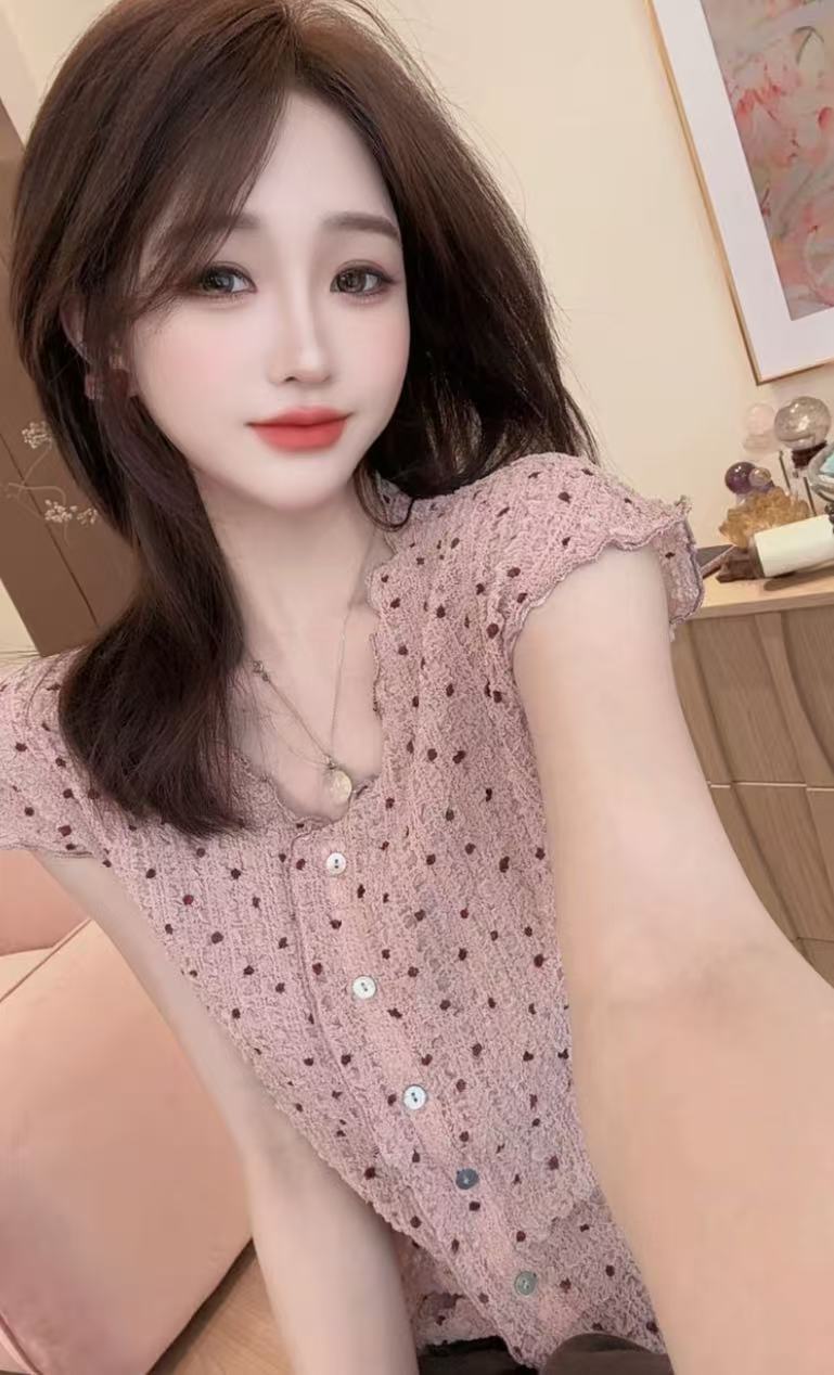 첸 첸 사설 서비스 패션 디자인 센스 도트 무늬 반팔 맨위 외국 가스 목이버섯 레이스 핑크색 작은 셔츠 바지