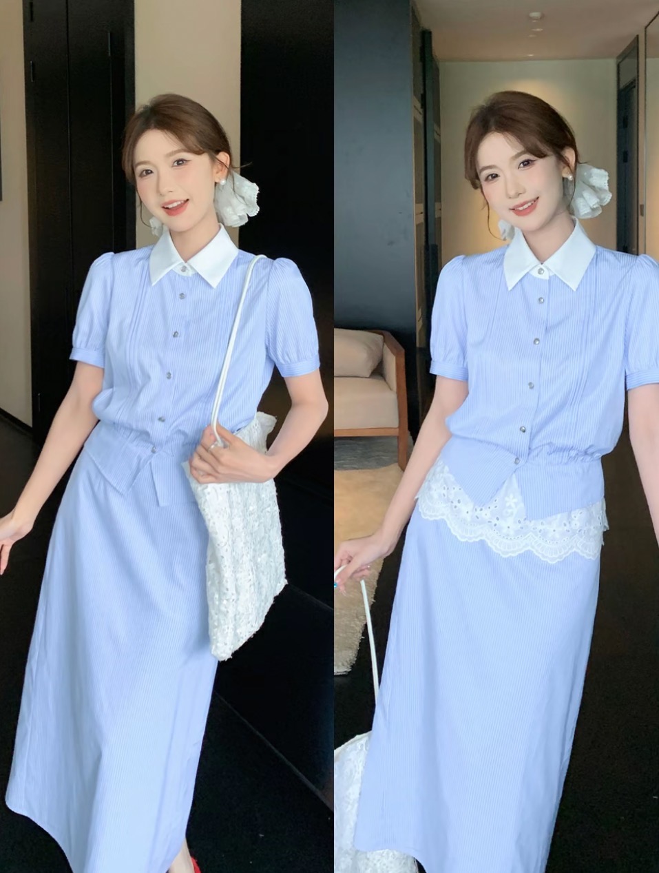 shaoer 블루 화이트 사랑 노래 프랑스식 학원 스타일 여름 청소 상쾌 세트
