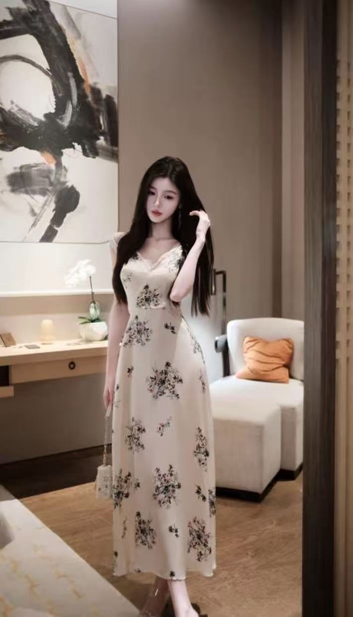 봄날 사역 흰색 유약 꽃 상황 품격 레이스 조각 꽃무늬 V넥 레이스업 드레스