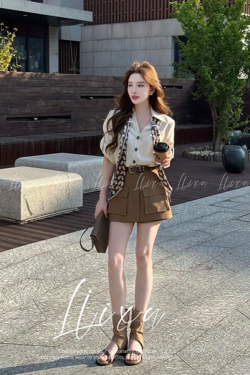 당나라 작은 느릅 나무 여름 새로운 디자인 센스 폴로 칼라 셔츠 코디 하이웨이스트 워크웨어 반바지 세트