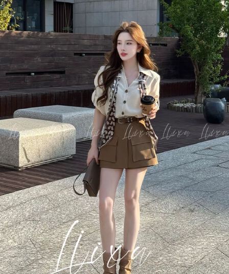 당나라 작은 느릅 나무 여름 새로운 디자인 센스 폴로 칼라 셔츠 코디 하이웨이스트 워크웨어 반바지 세트