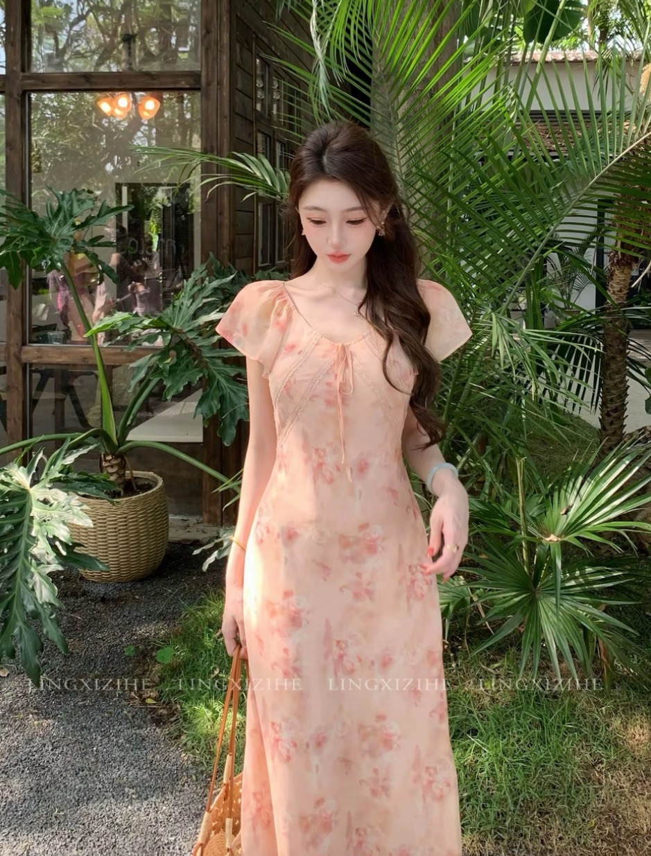 링 茜 거만한 와우 구름 사쿠라 빛 소매 새로운 중식 품격 프랑스식 여름 슬림해 보이는 꽃무늬 드레스 작은 날다 소매 롱 스커트