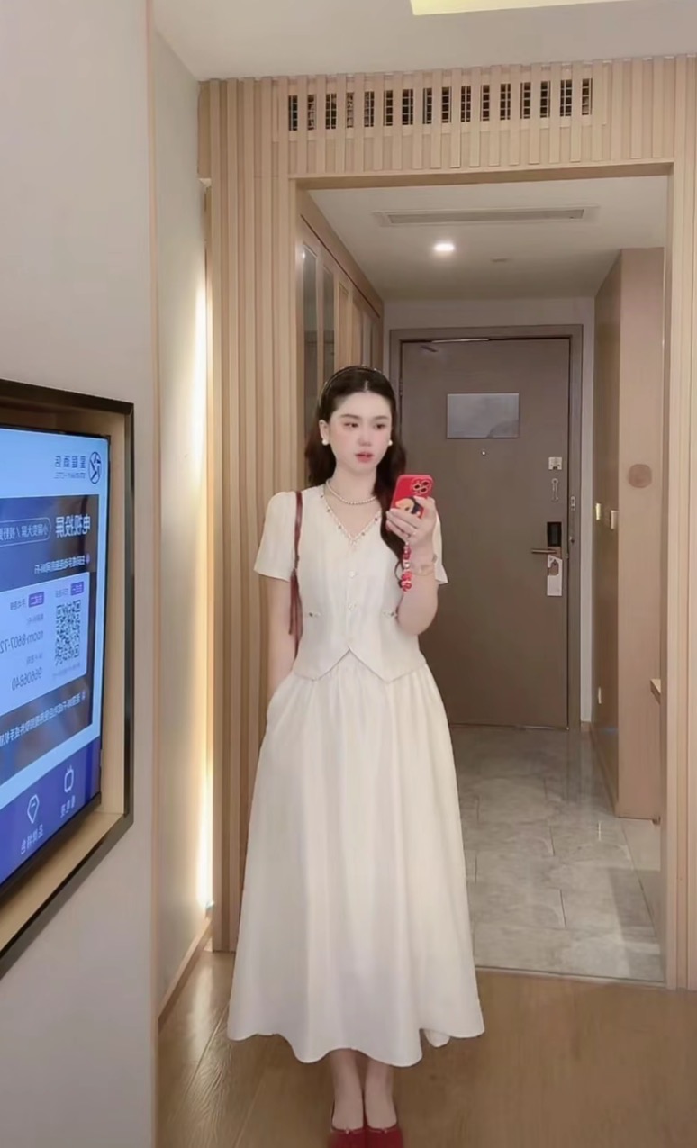 프랑스식 품격 세트 드레스 여성 여름 새로운 반팔 맨위 반신 스커트