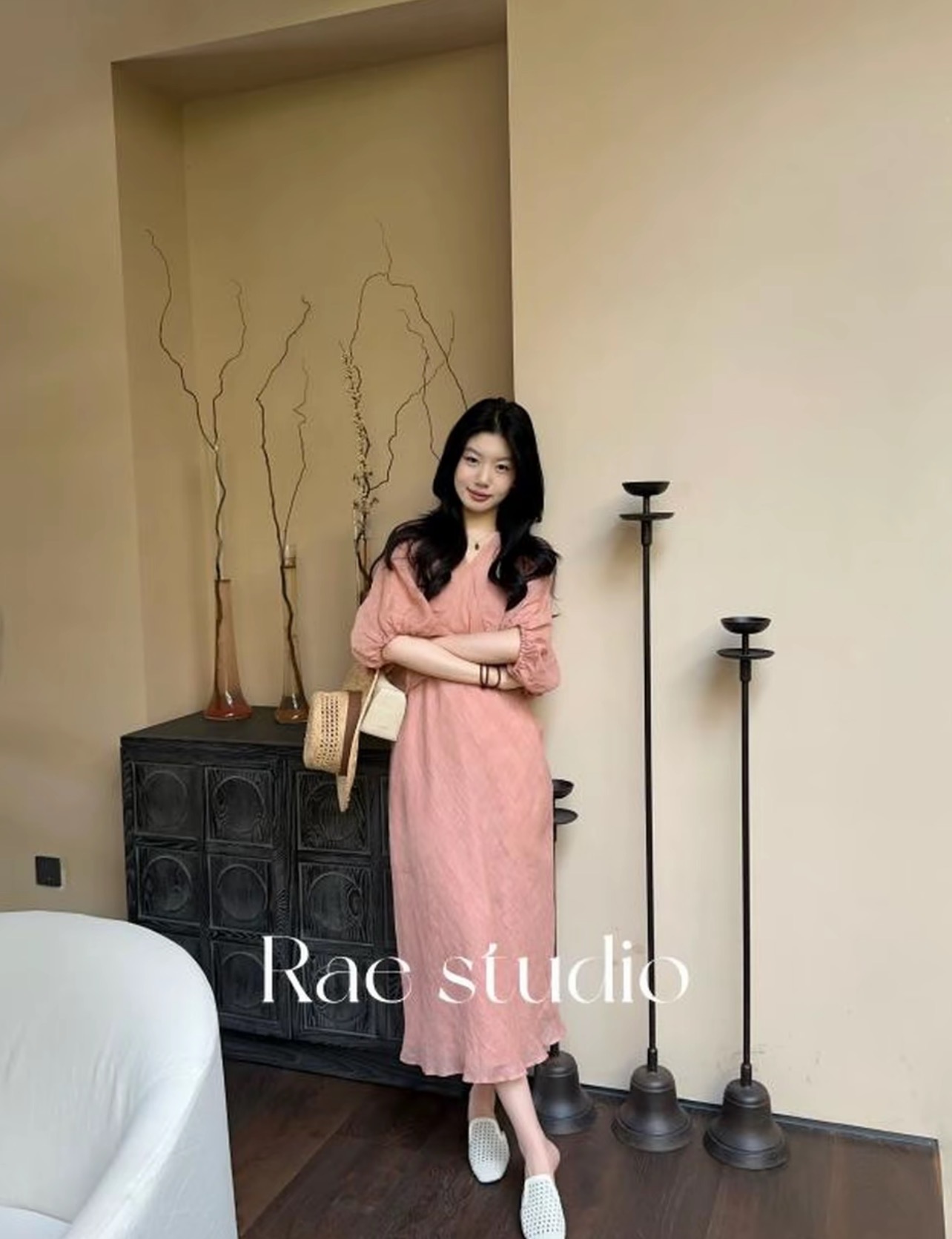 rae 튀김 색상 공예 비스듬한 자르다 공예 루즈핏 작은 대중 V넥 라미 드레스 조끼 치마 세트
